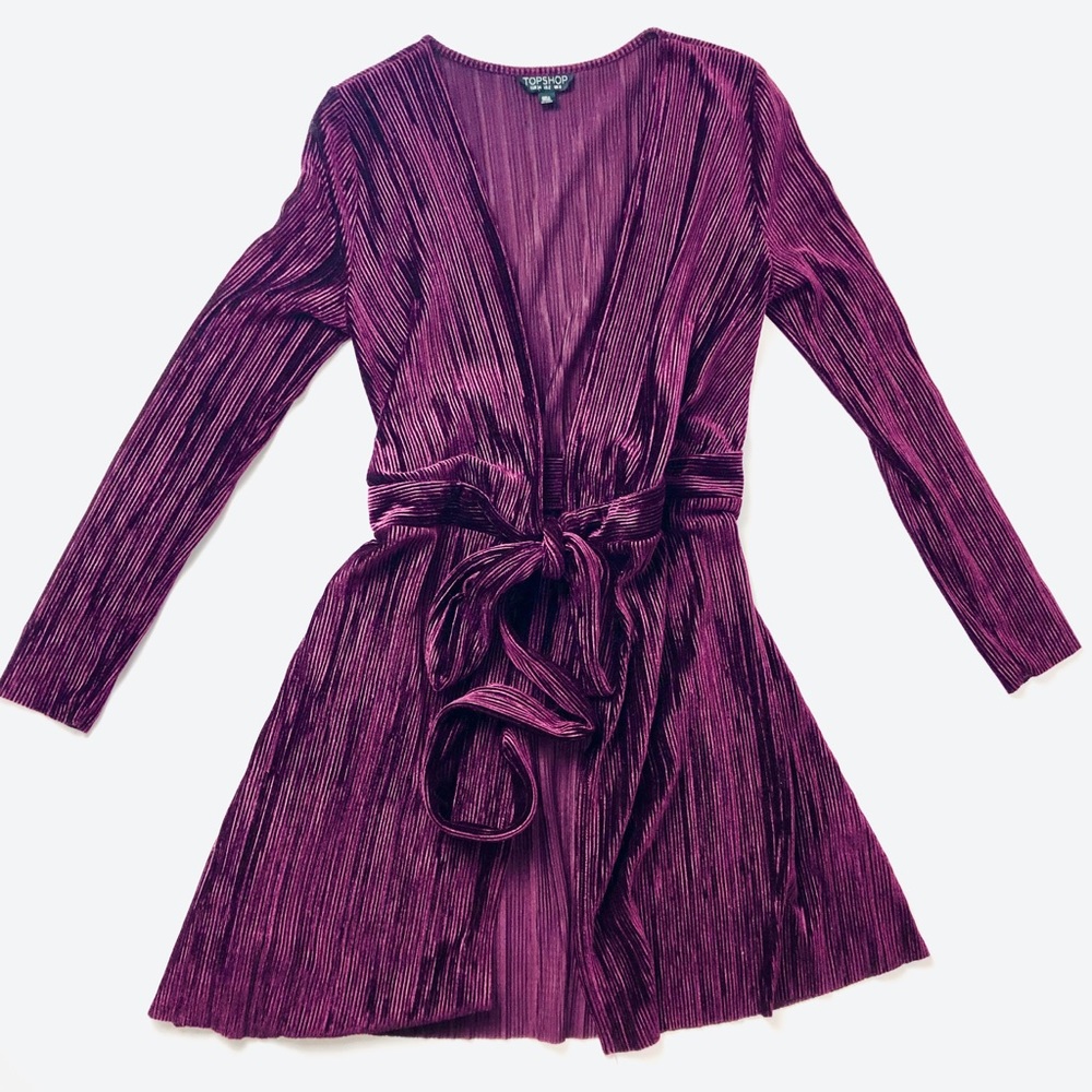 Purple velvet wrap dress.